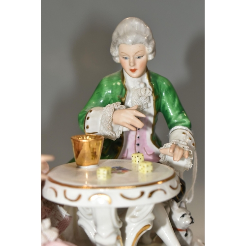 379 - A SANDIZELL PORCELAIN FIGURAL GROUP, mid-century lace detail figure of a young couple playing dice, ... 