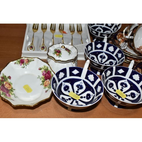 386 - ROYAL ALBERT 'HEIRLOOM' PATTERN TEAWARE, together with four Royal Crown Derby unfinished Imari tea c... 