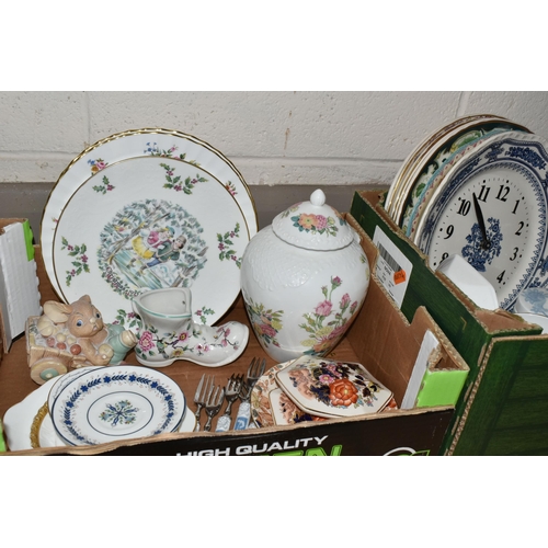 388 - TWO BOXES OF CERAMICS AND A TABLE LAMP, to include a Coalport 'Revelry' pattern trinket dish and a s... 