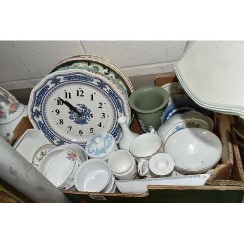 388 - TWO BOXES OF CERAMICS AND A TABLE LAMP, to include a Coalport 'Revelry' pattern trinket dish and a s... 