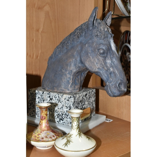 393 - A SCULPTURE OF A HORSE AND TWO SATSUMA VASES, comprising a ceramic sculpture of a horse's head and n... 