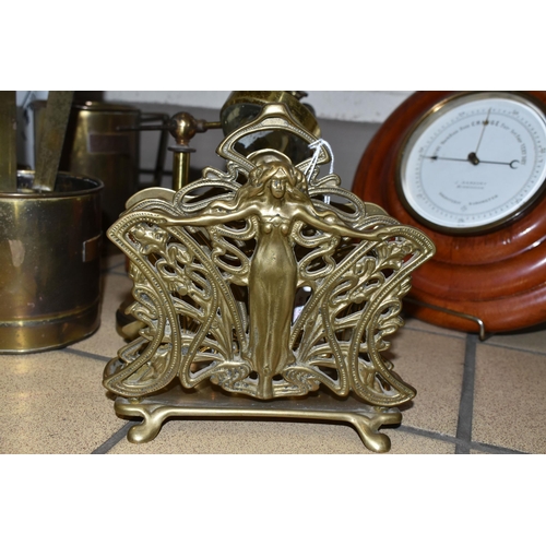 396 - A GROUP OF BRASSWARES AND A BAROMETER, comprising an Art Nouveau style brass figural letter rack, a ... 