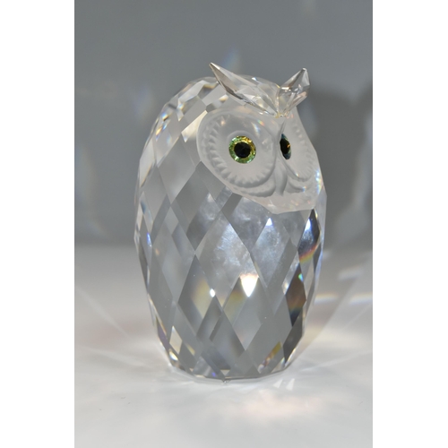 399 - A BOXED SWAROVSKI CRYSTAL GIANT OWL SCULPTURE, with coloured eyes and frosted face, model no 010125,... 