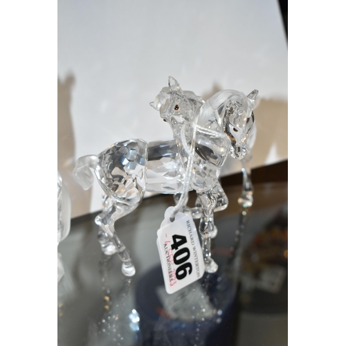 406 - TWO BOXED SWAROVSKI CRYSTAL SCULPTURES OF HORSES, comprising a Foals Clear figure group no 627637, f... 