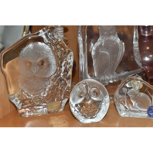 412 - A COLLECTION OF GLASS SCULPTURES AND SCENT BOTTLES, comprising three Mats Jonasson relief glass scul... 