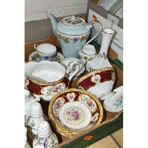 413 - TWO BOXES OF AYNSLEY AND ROYAL ALBERT TEA WARES AND A TABLE LAMP, to include Royal Albert 'Lady Hami... 