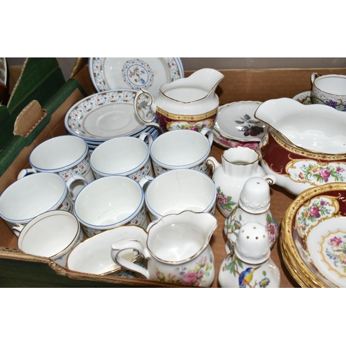 413 - TWO BOXES OF AYNSLEY AND ROYAL ALBERT TEA WARES AND A TABLE LAMP, to include Royal Albert 'Lady Hami... 