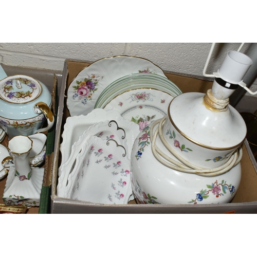 413 - TWO BOXES OF AYNSLEY AND ROYAL ALBERT TEA WARES AND A TABLE LAMP, to include Royal Albert 'Lady Hami... 