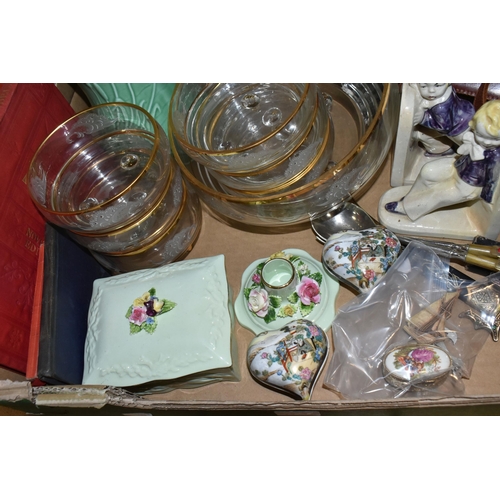 427 - A BOX OF CERAMICS, GLASS, METAL WARES AND SUNDRY ITEMS, to include a pair of salad servers with carv... 