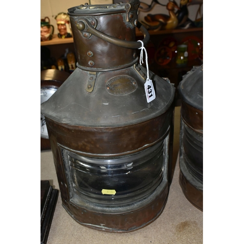 431 - TWO EARLY 20TH CENTURY COPPER SHIP'S LANTERNS, both made by Telford, Grier & Mackay Ltd. Glasgow, on... 