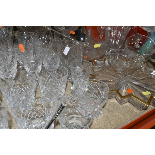 434 - A QUANTITY OF GLASSWARE, comprising three decanters, a set of six cut glass wine glasses, a small de... 