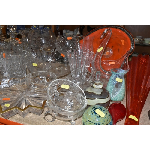 434 - A QUANTITY OF GLASSWARE, comprising three decanters, a set of six cut glass wine glasses, a small de... 