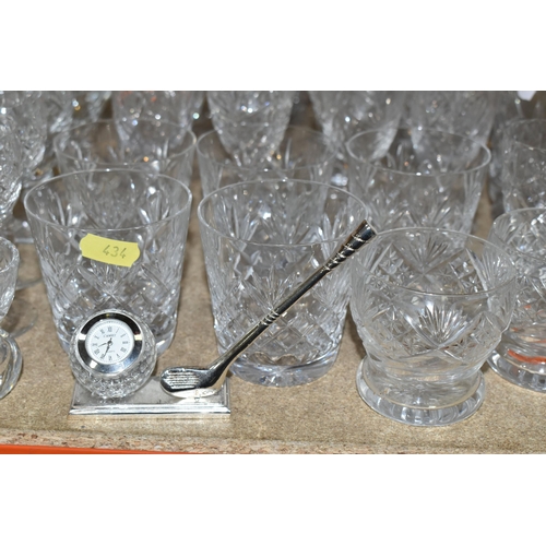 434 - A QUANTITY OF GLASSWARE, comprising three decanters, a set of six cut glass wine glasses, a small de... 