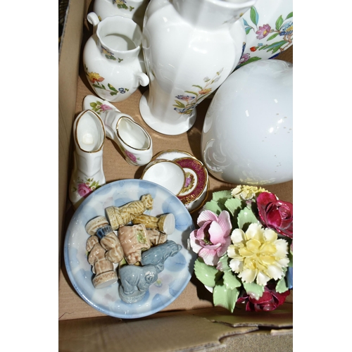 436 - THREE BOXES OF CERAMICS, to include an Aynsley 'Pembroke' pattern ginger jar, an Aynsley pot of chin... 