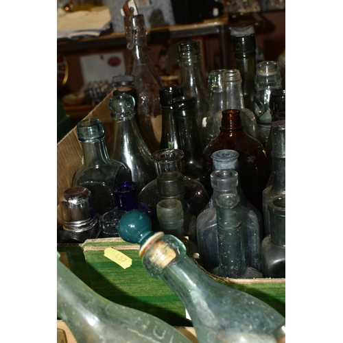 437 - THREE BOXES OF VINTAGE BOTTLES AND STONEWARE FLAGONS, to include a dark brown stoneware flagon/whisk... 