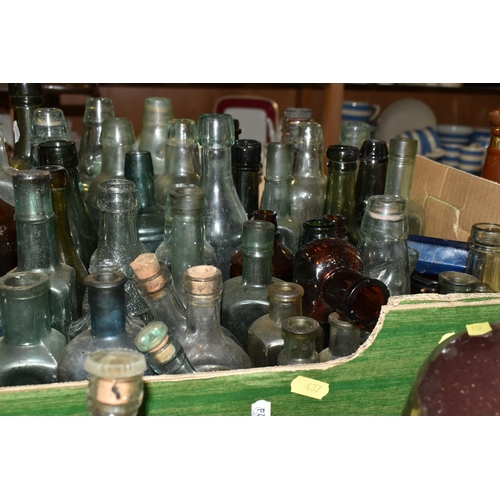 437 - THREE BOXES OF VINTAGE BOTTLES AND STONEWARE FLAGONS, to include a dark brown stoneware flagon/whisk... 