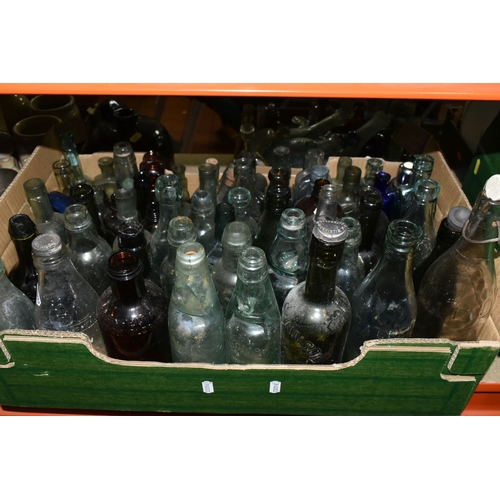 437 - THREE BOXES OF VINTAGE BOTTLES AND STONEWARE FLAGONS, to include a dark brown stoneware flagon/whisk... 