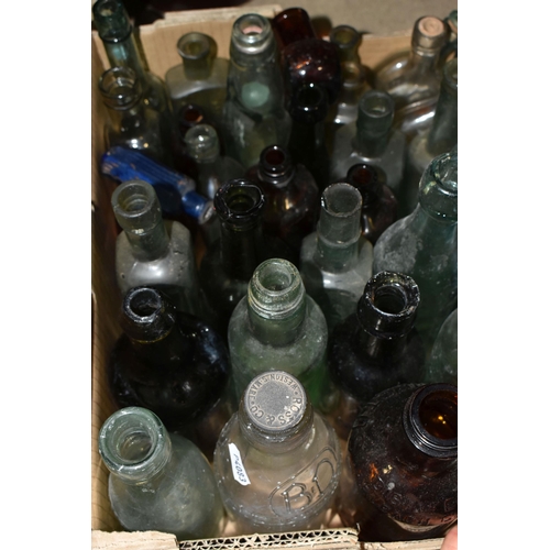 437 - THREE BOXES OF VINTAGE BOTTLES AND STONEWARE FLAGONS, to include a dark brown stoneware flagon/whisk... 