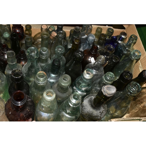 437 - THREE BOXES OF VINTAGE BOTTLES AND STONEWARE FLAGONS, to include a dark brown stoneware flagon/whisk... 