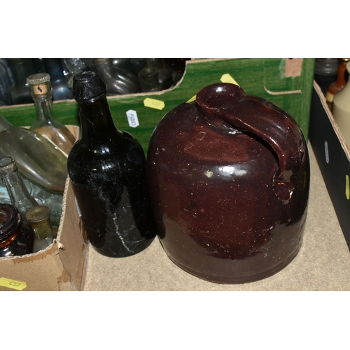 437 - THREE BOXES OF VINTAGE BOTTLES AND STONEWARE FLAGONS, to include a dark brown stoneware flagon/whisk... 