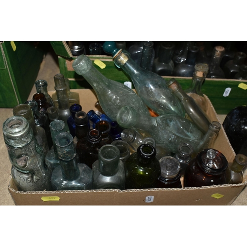 437 - THREE BOXES OF VINTAGE BOTTLES AND STONEWARE FLAGONS, to include a dark brown stoneware flagon/whisk... 