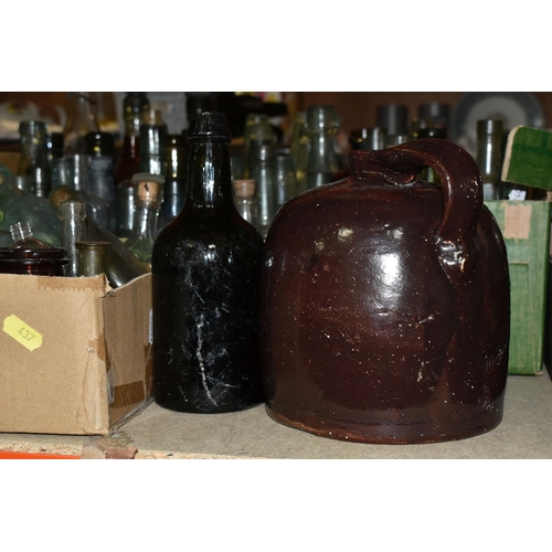 437 - THREE BOXES OF VINTAGE BOTTLES AND STONEWARE FLAGONS, to include a dark brown stoneware flagon/whisk... 