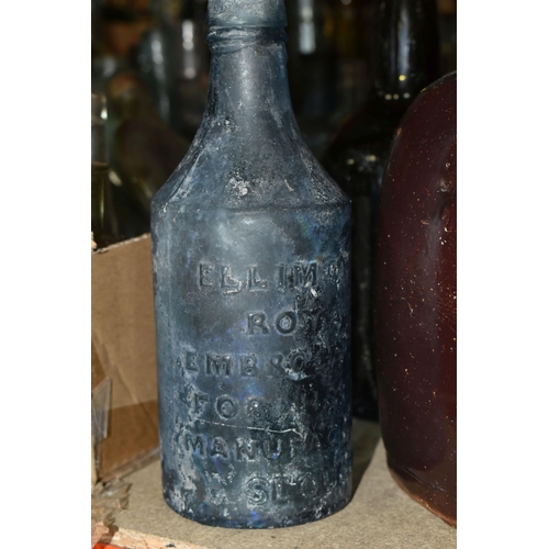 437 - THREE BOXES OF VINTAGE BOTTLES AND STONEWARE FLAGONS, to include a dark brown stoneware flagon/whisk... 