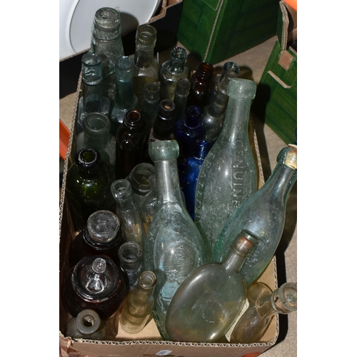 437 - THREE BOXES OF VINTAGE BOTTLES AND STONEWARE FLAGONS, to include a dark brown stoneware flagon/whisk... 