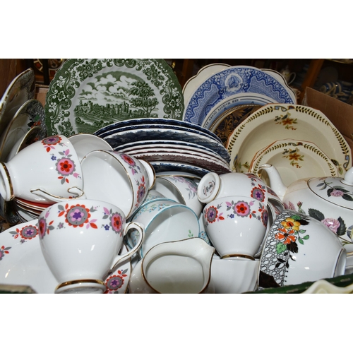 438 - TWO BOXES OF CERAMICS, to include a Wedgwood 'Hathaway Rose' pattern teapot, Royal Albert 'Val D'or'... 