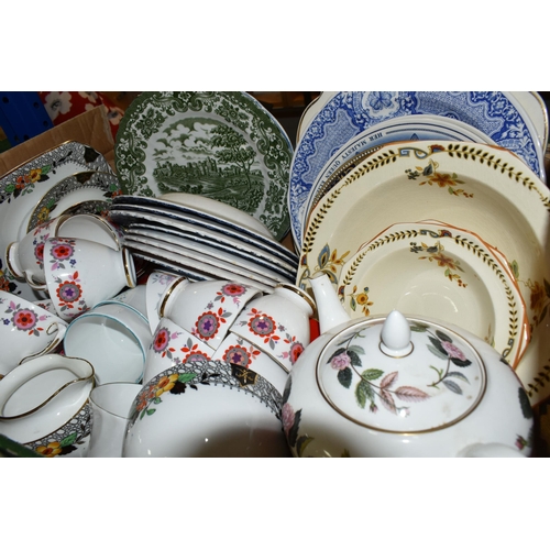 438 - TWO BOXES OF CERAMICS, to include a Wedgwood 'Hathaway Rose' pattern teapot, Royal Albert 'Val D'or'... 