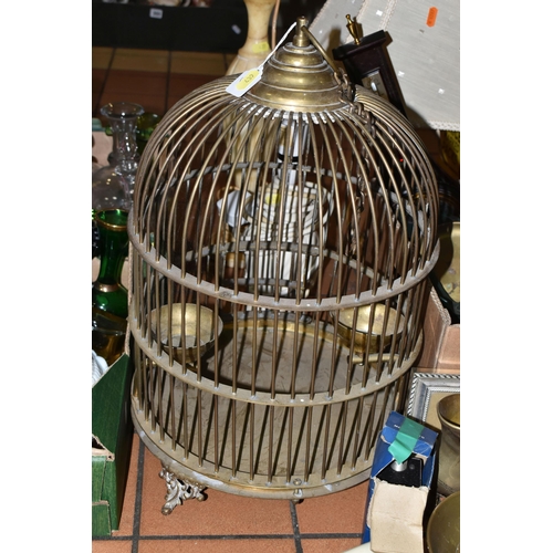 439 - TWO BOXES OF METALWARE, TABLE LAMPS AND FRAMED PRINTS, to include a large brass bird cage with two f... 