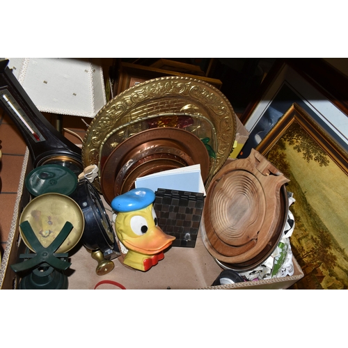 439 - TWO BOXES OF METALWARE, TABLE LAMPS AND FRAMED PRINTS, to include a large brass bird cage with two f... 