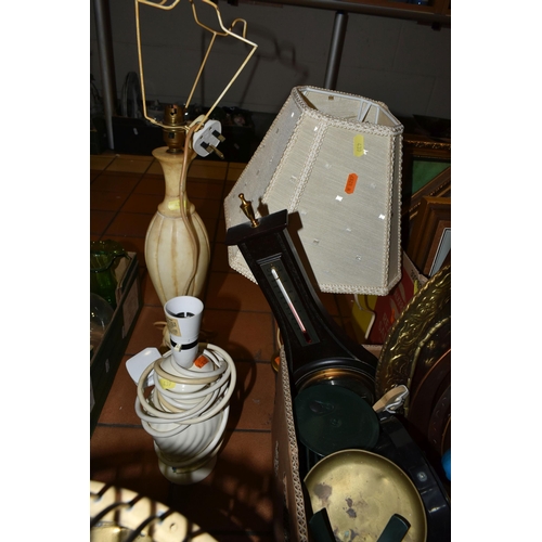 439 - TWO BOXES OF METALWARE, TABLE LAMPS AND FRAMED PRINTS, to include a large brass bird cage with two f... 