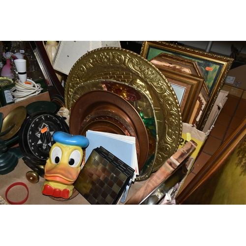 439 - TWO BOXES OF METALWARE, TABLE LAMPS AND FRAMED PRINTS, to include a large brass bird cage with two f... 