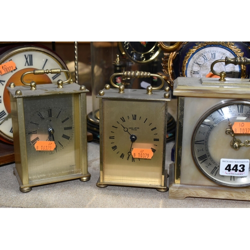 443 - A GROUP OF TEN MANTEL CLOCKS, comprising a mid- century USSR Vesna mantel clock, an oak cased clock,... 