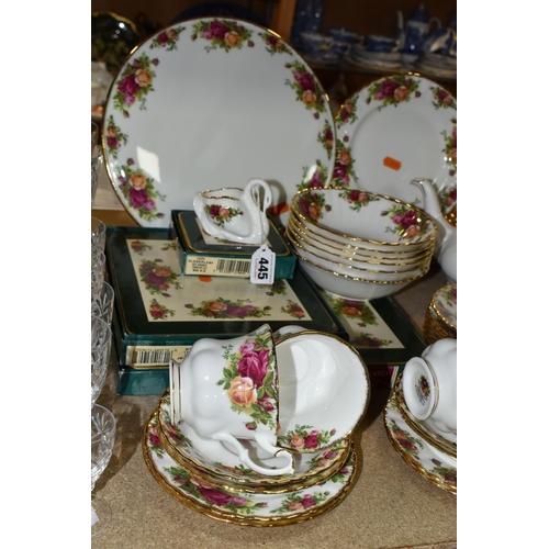 445 - A GROUP OF ROYAL ALBERT 'OLD COUNTRY ROSES' PATTERN TEA AND DINNERWARE, comprising celebration cake ... 