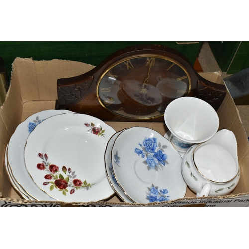 448 - TWO BOXES OF CERAMICS AND GLASSWARE, comprising a clear pressed glass dressing table set, a blue and... 