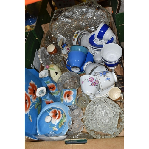 448 - TWO BOXES OF CERAMICS AND GLASSWARE, comprising a clear pressed glass dressing table set, a blue and... 