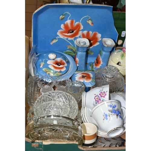 448 - TWO BOXES OF CERAMICS AND GLASSWARE, comprising a clear pressed glass dressing table set, a blue and... 