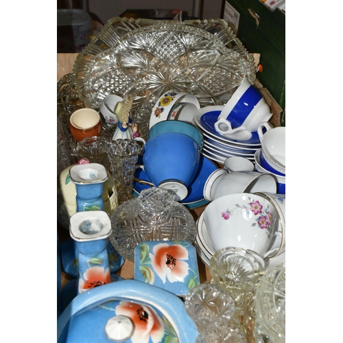 448 - TWO BOXES OF CERAMICS AND GLASSWARE, comprising a clear pressed glass dressing table set, a blue and... 