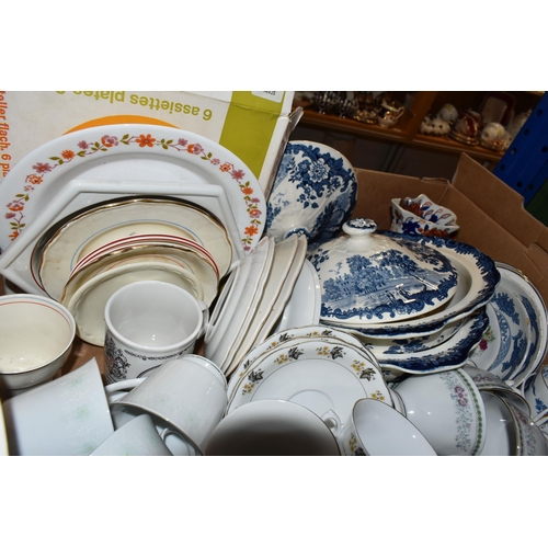 448 - TWO BOXES OF CERAMICS AND GLASSWARE, comprising a clear pressed glass dressing table set, a blue and... 