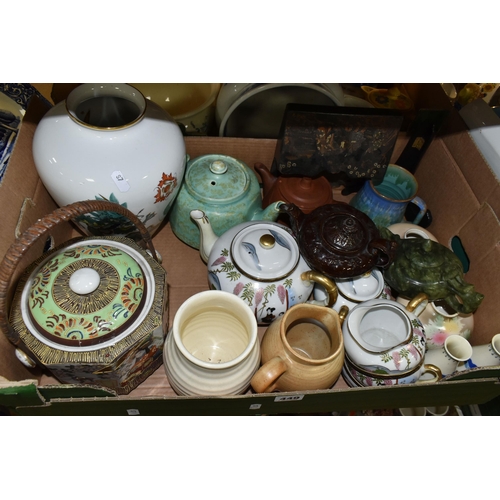 449 - TWO BOXES OF CERAMICS, to include two large blue and white meat plates, two early 20th century chamb... 