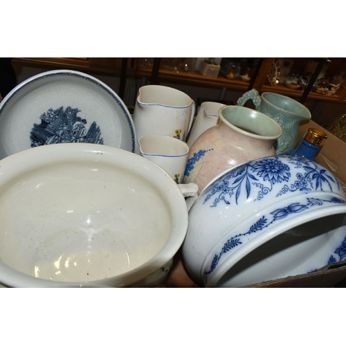 449 - TWO BOXES OF CERAMICS, to include two large blue and white meat plates, two early 20th century chamb... 