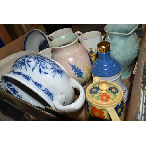 449 - TWO BOXES OF CERAMICS, to include two large blue and white meat plates, two early 20th century chamb... 