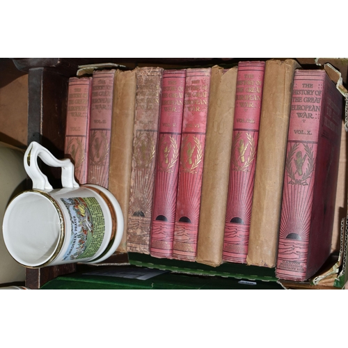 453 - TWO BOXES OF BOOKS AND STONEWARE POTS, comprising ten volumes of The History Of The Great European W... 