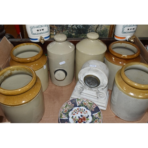 453 - TWO BOXES OF BOOKS AND STONEWARE POTS, comprising ten volumes of The History Of The Great European W... 