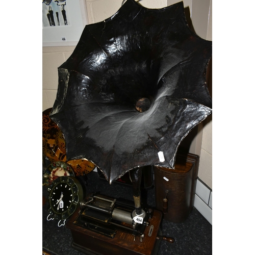 454 - AN EARLY 20TH CENTURY THOMAS EDISON PHONOGRAPH, serial number H322216, with a black painted papier m... 