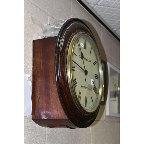 458 - A VICTORIAN STYLE CIRCULAR WALL CLOCK, painted dial with Carpenter  Hay-Mills, mahogany case, brass ... 