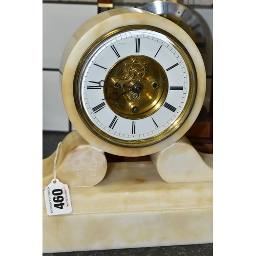460 - TWO MANTEL CLOCKS, comprising a cream marble French made clock stamped Deposé 17092, height 23cm, a ... 