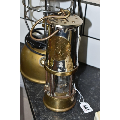 461 - A MINERS LAMP, brass makers plaque too rubbed to read but is marked No.3168, glass may be modern rep... 